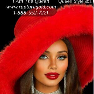 404 I Am The Queen Red Feather Church Hat – Glamorous Wide Brim Couture Statemen